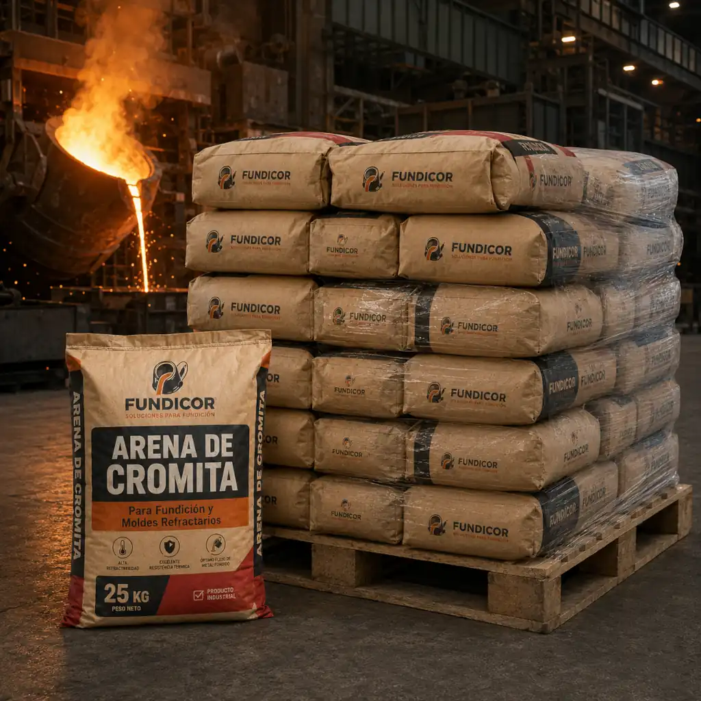 Saco y pallet de arena de cromita frente a una fundición con metal fundido