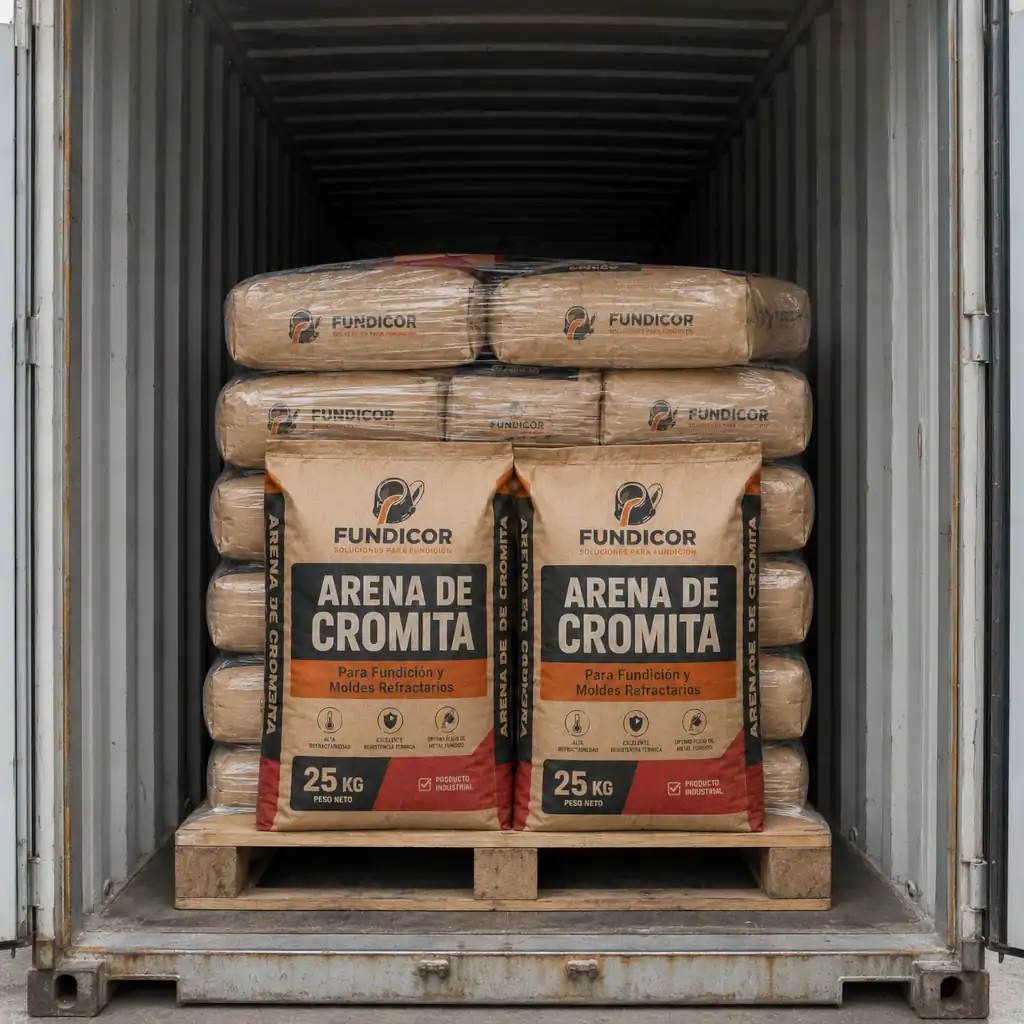 Pallet de sacos de arena de cromita dentro de contenedor de importación