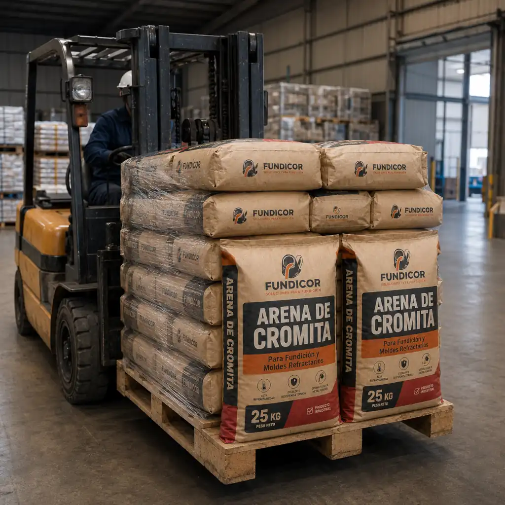 Pallet de arena refractaria de cromita siendo movilizado por montacargas