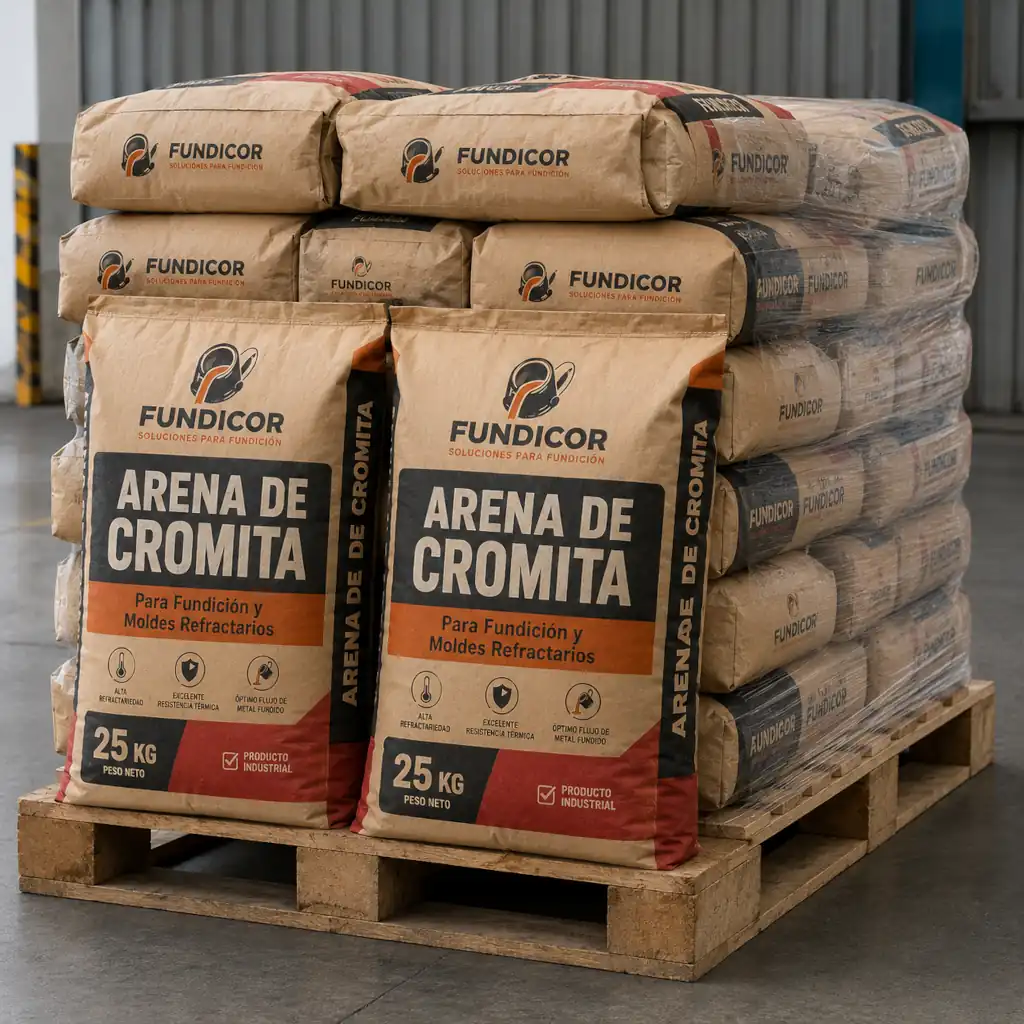 Sacos de cromita para fundición agrupados sobre pallet de madera