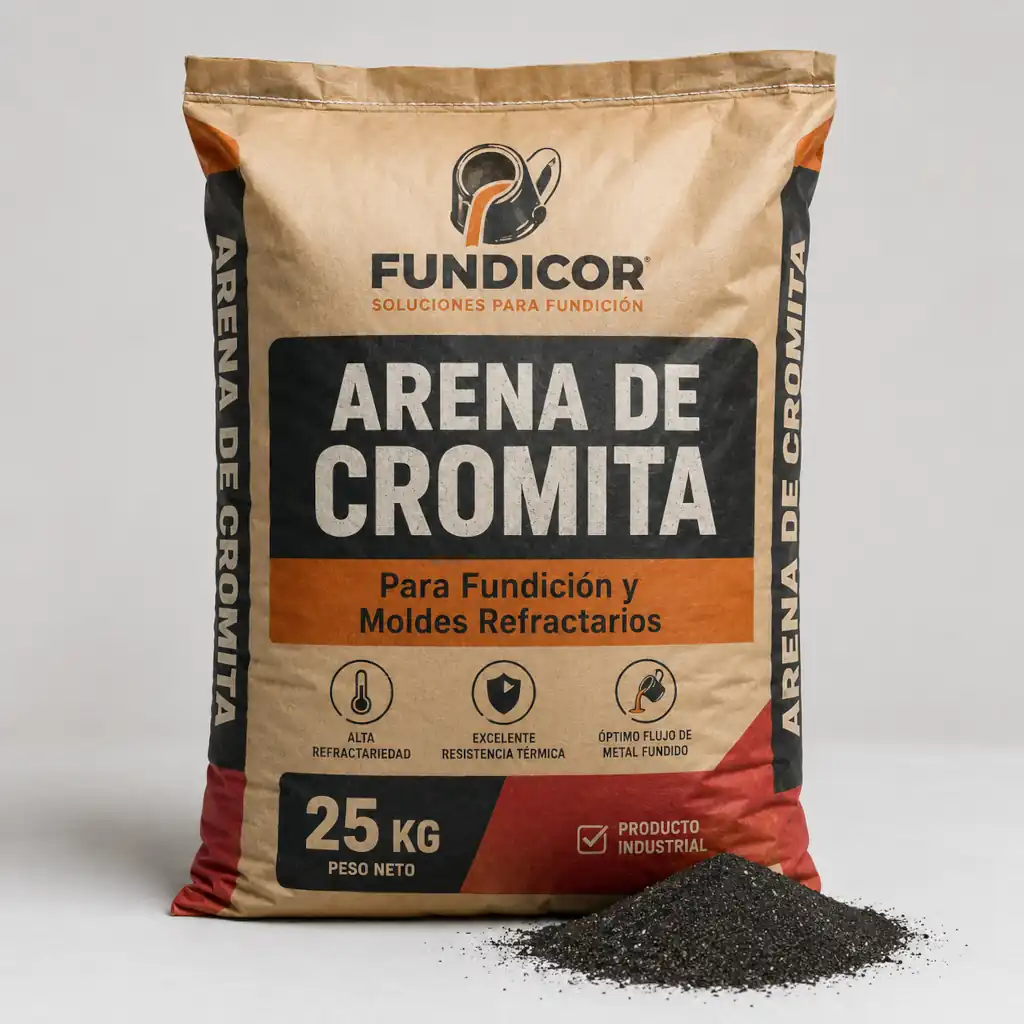 Saco de arena de cromita de 25 kg con material oscuro visible al frente